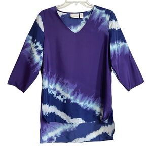 Chico's Boho Ombre Tie Dye Satin Tunic Top Womens 4 Purple Blue Coastal Grandma